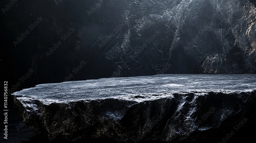 Poster an imposing dark rock formation illuminated by a soft light, creating a mysterious atmosphere.