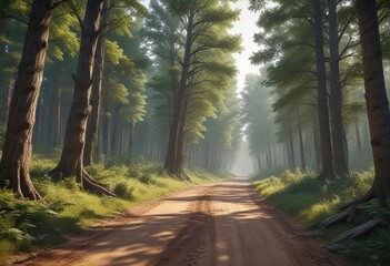 Obraz premium Dirt road winding through a forest of tall trees, leafy trees,
