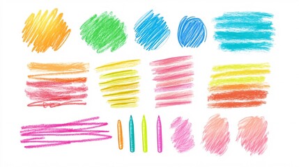 Colorful strokes and patterns created with crayons, showcasing a variety of vibrant hues.