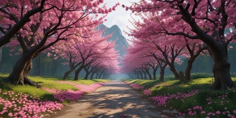 Obraz premium dramatic shot of cherry blossom trees in bloom with vibrant pink flowers and lush green foliage, , springtime scenery
