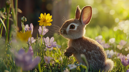 Adorable 3D Bunny in Spring Meadow Illustration