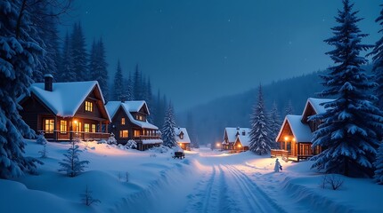 Fototapeta premium A peaceful winter village presents cozy cabins surrounded by snow-covered trees. Soft lights glow from windows, illuminating the serene landscape under a starlit sky. 