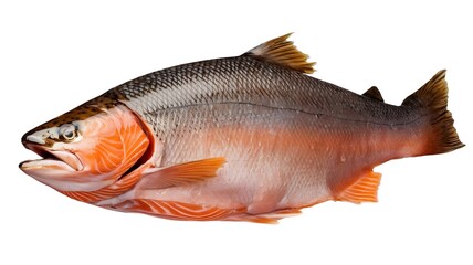Fototapeta premium A piece of raw salmon captured in mid-air, isolated on a white background. The image showcases the fish's rich color and texture 
