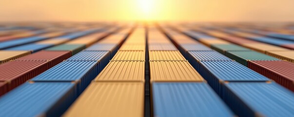 Fototapeta premium A vibrant, abstract landscape of colorful panels stretching towards a glowing sunset, creating a sense of depth and perspective.