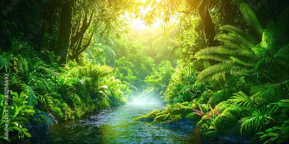 Poster Lush green forest with a river running through it