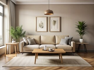 Fototapeta premium Modern beige living room: minimalist sofa, coffee table, and framed art create a serene space.
