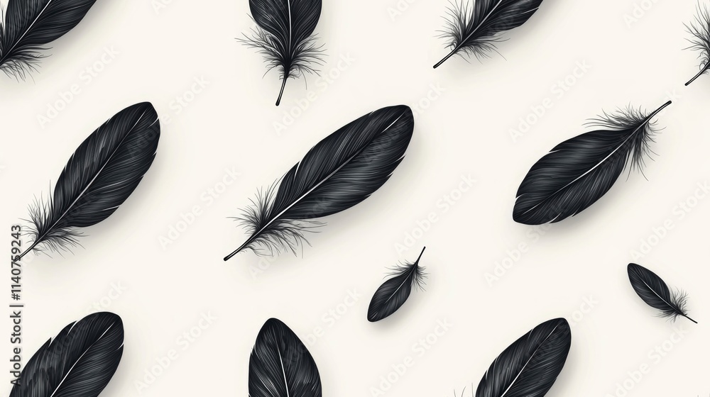 Poster delicate black feather outlines are scattered across a light background, creating a refined and mini