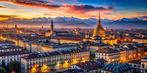 Fototapeta premium Turin Rooftop Landscape, Piedmont Italy: Bokeh Photography, Panoramic City View, Italian Alps, Sunset Scenery