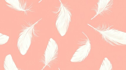 Obraz premium Intricate design showcases white feathers scattered across a gentle coral background, creating an elegant and calming aesthetic suitable for various applications