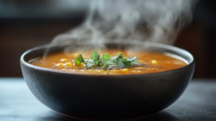 A bowl of hot soup with steam rising on a clean neutral background, cozy warm food concept