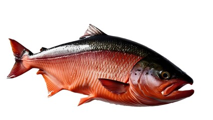 Obraz premium A piece of raw salmon captured in mid-air, isolated on a white background. The image showcases the fish's rich color and texture 