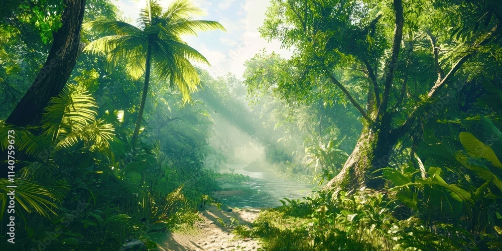 Poster lush green jungle with a path through it