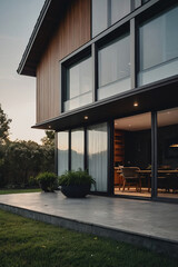 Modern home's exterior at dusk.  Features a dark wood facade, large windows, and sliding glass doors leading to a patio with potted plants.  The patio is a dark grey concrete slab.