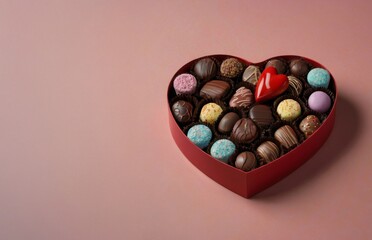 Top view of a heart-shaped box of chocolates. Love concept. With copy space.