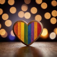 A heart with the LGTBI colors together with a blurred background of warm night glowing lights. Love concept. With copy space.