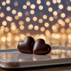 Two chocolate hearts together with an out of focus background of warm night glowing lights. Love concept. With copy space.