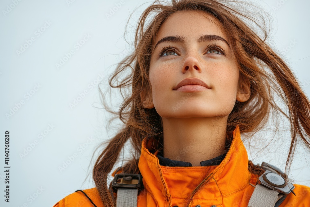 Poster female engineer in ppe, looking upward in a reflective pose, tailored for campaigns focusing on inno