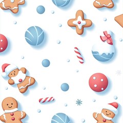 Festive seamless snowy pattern of glowing molecules, candy-themed ornaments, and animals surrounded by gingerbread cookies