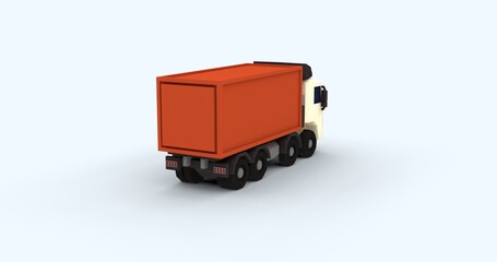 Stylized 3D render container cargo truck low poly design with cartoon-like textures. Perfect logistics transportation creative content visuals. Set against clean light background right back view