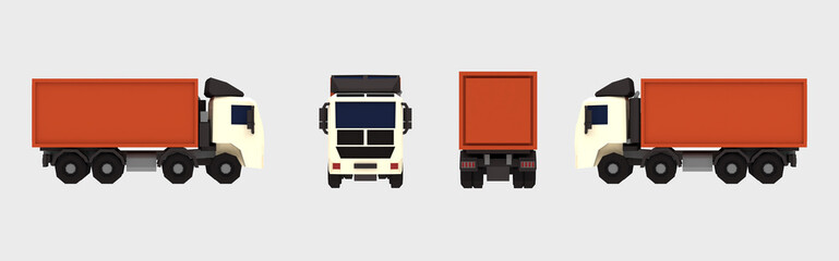 Stylized 3D render of a container cargo truck displayed from four different angles in low poly design with cartoon-like textures. Ideal for logistics, transportation visuals, and creative advertising