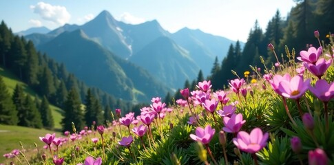 Delicate pink flowers cascade down mountain slopes, rubens, late bloomers, montana