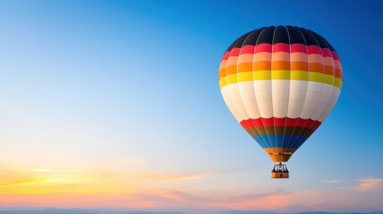 Naklejka premium A colorful hot air balloon floats against a clear sky at sunset, creating a serene and picturesque scene.