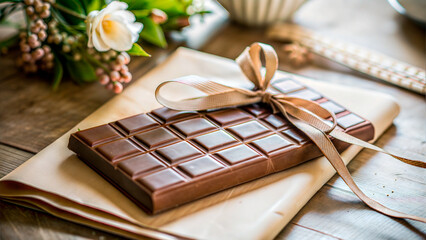 Chocolate bar wrapped with a ribbon on a wooden table for dessert concept