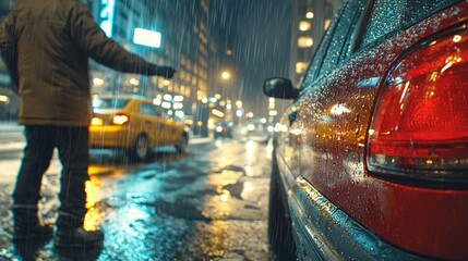 A rainy urban scene with a person hailing a taxi at night.