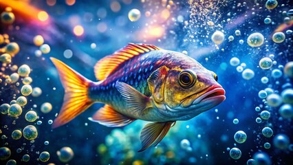 Fototapeta premium Underwater Fish Bubbles, Aquatic Life, Bubbling Fish, Fish Bubbles Photography, Close-up Fish, Sparkling Bubbles, Underwater Scene, Fish Photography, Macro Photography, Aquatic Photography