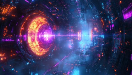 Obraz premium Futuristic Cityscape with Glowing Neon Lights and Circular Structure