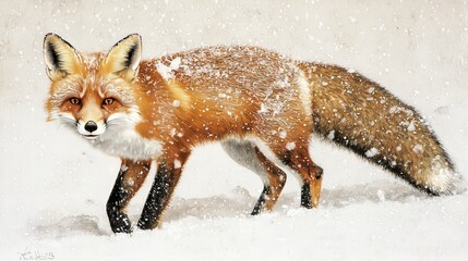 Obraz premium A red fox walking through a snowy landscape, surrounded by falling snowflakes.