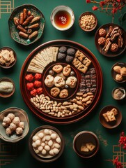 Assorted chinese sytle snack tray and chinese calligraphy, meaning for blessing good luck.