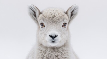 Fototapeta premium Close-up portrait of a fluffy, light-gray lamb, facing forward, against a white background.