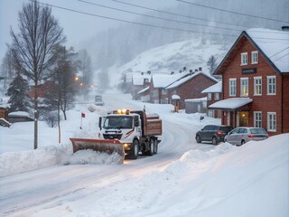 A powerful snowplow truck clearing a snowy road in a picturesque village, with heavy snowfall, red wooden houses, and cars in the background, highly detailed, realistic lighting and textures.
