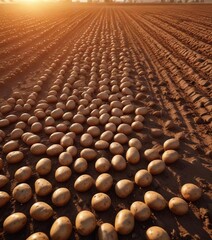 Obraz premium Field of potatoes with the warm light of sunset casting long shadows, fields, potatoes
