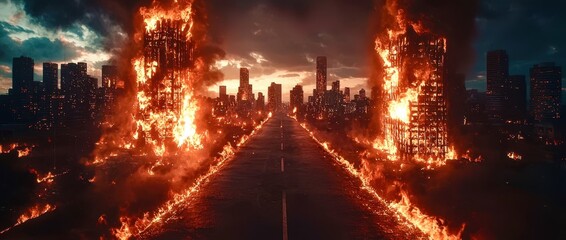 Road with two buildings on either side and a fire in the middle