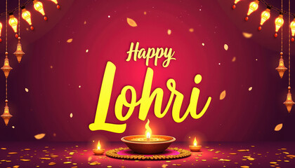 Festive banner celebrating Lohri with warm lanterns and a joyful atmosphere for the Indian festival.