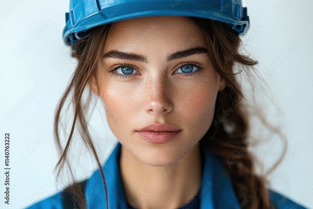 Poster front view of a female engineer in uniform, showcasing confidence and technical expertise.