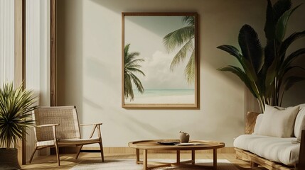 A tranquil living room featuring tropical decor with a large palm-framed beach view painting.