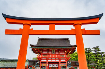 View of the Fushimi Inari Shrine Tower Gate, the largest gate in the shrine.Tourist attraction in...