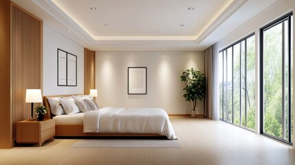 Modern minimalist bedroom design with large windows and stylish furnishings in a bright and serene atmosphere