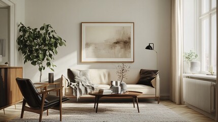 A cozy living room featuring a modern beige sofa and minimalist decor, creating a serene and inviting atmosphere.