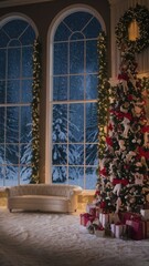 Christmas Tree by the Window with a View of Falling Snow