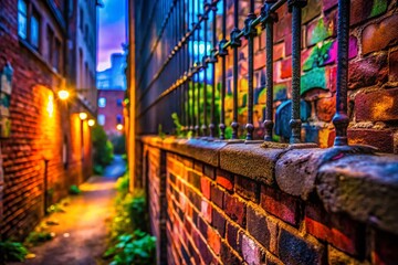 Fototapeta premium Urban Exploration: Brick Wall Graffiti, Half Wall, Privacy Fence, Decaying Structure, Abandoned Building Photography