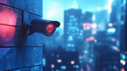 A sleek security camera mounted on a wall, glowing red in a dimly lit urban environment, capturing...