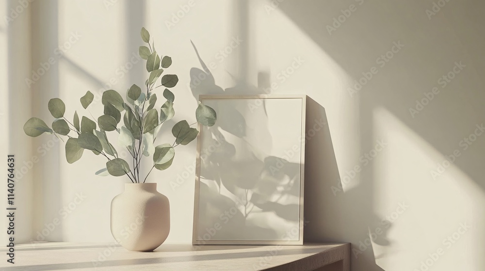 Poster A serene still life featuring a vase with greenery and an empty picture frame, basking in soft natural light.
