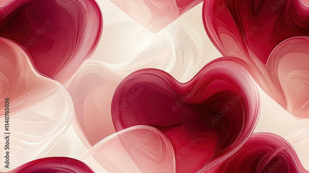 Poster large hearts in rich reds and soft pinks overlap in a dynamic pattern, offering a visually appealing