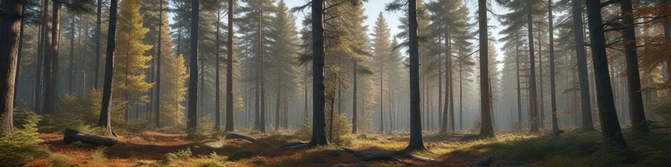 Obraz premium Dense coniferous forest with tall trees stretching towards the sky amidst a blanket of fallen leaves and rustling underbrush, autumn foliage, misty atmosphere