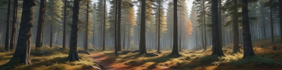 Obraz premium Dense coniferous forest with tall trees stretching towards the sky amidst a blanket of fallen leaves and rustling underbrush, coniferous forest, autumn landscape, woodland scene