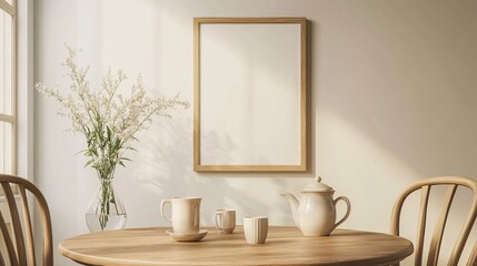 A serene kitchen scene featuring a wooden table, elegant tea set, and a vase of flowers, illuminated by soft natural light.